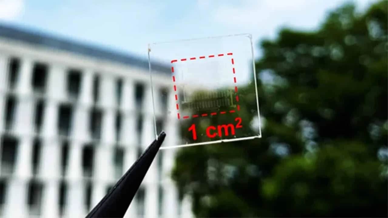 An optical image of a highly-transparent solar cell fabricated with a 2D atomic sheet.