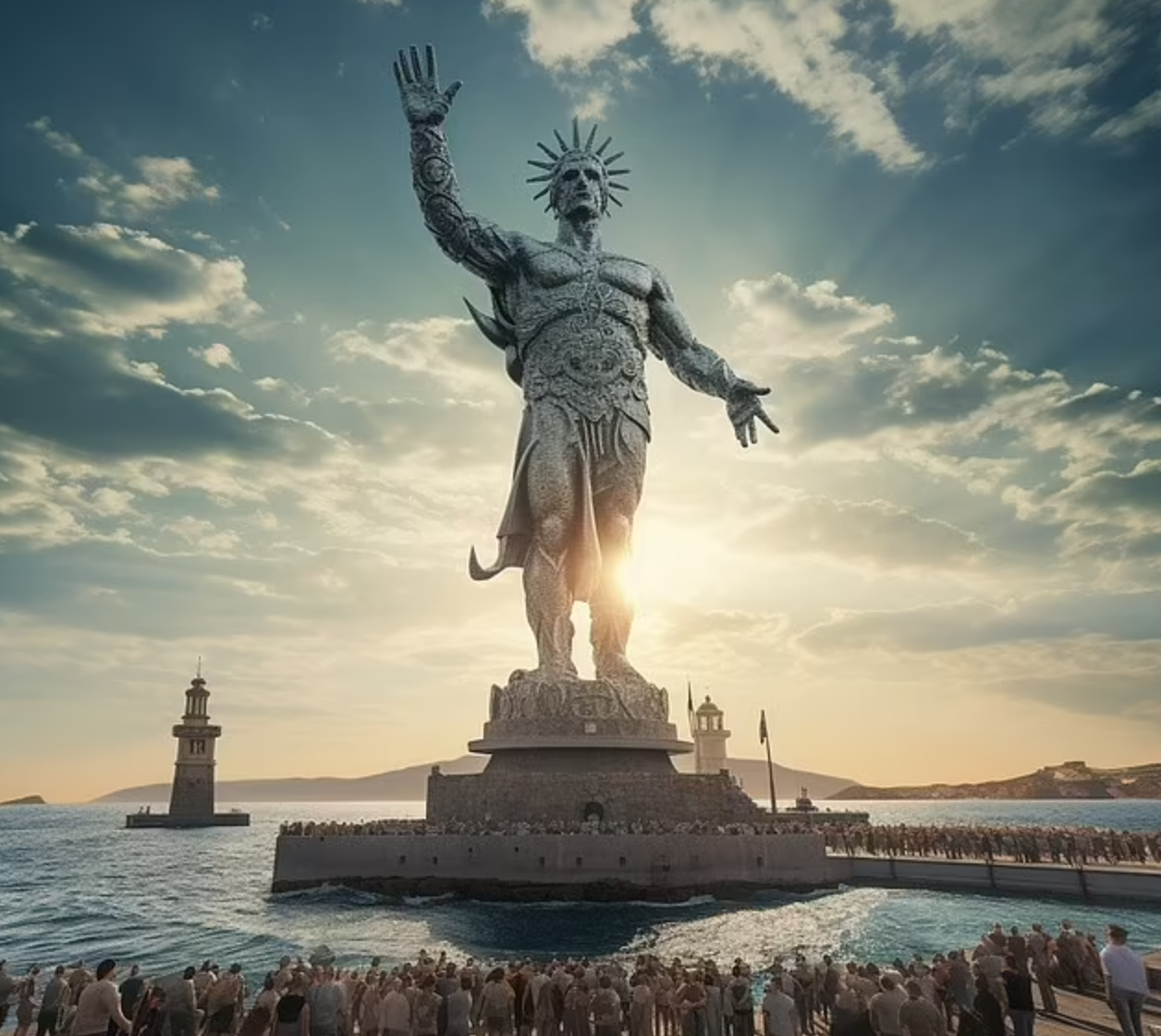 Colossus of Rhodes. Using new AI tools, researchers can create vivid digital models of how these wonders may have once looked.